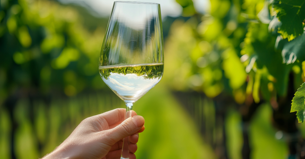 glass of white wine being held infront of vineyard
